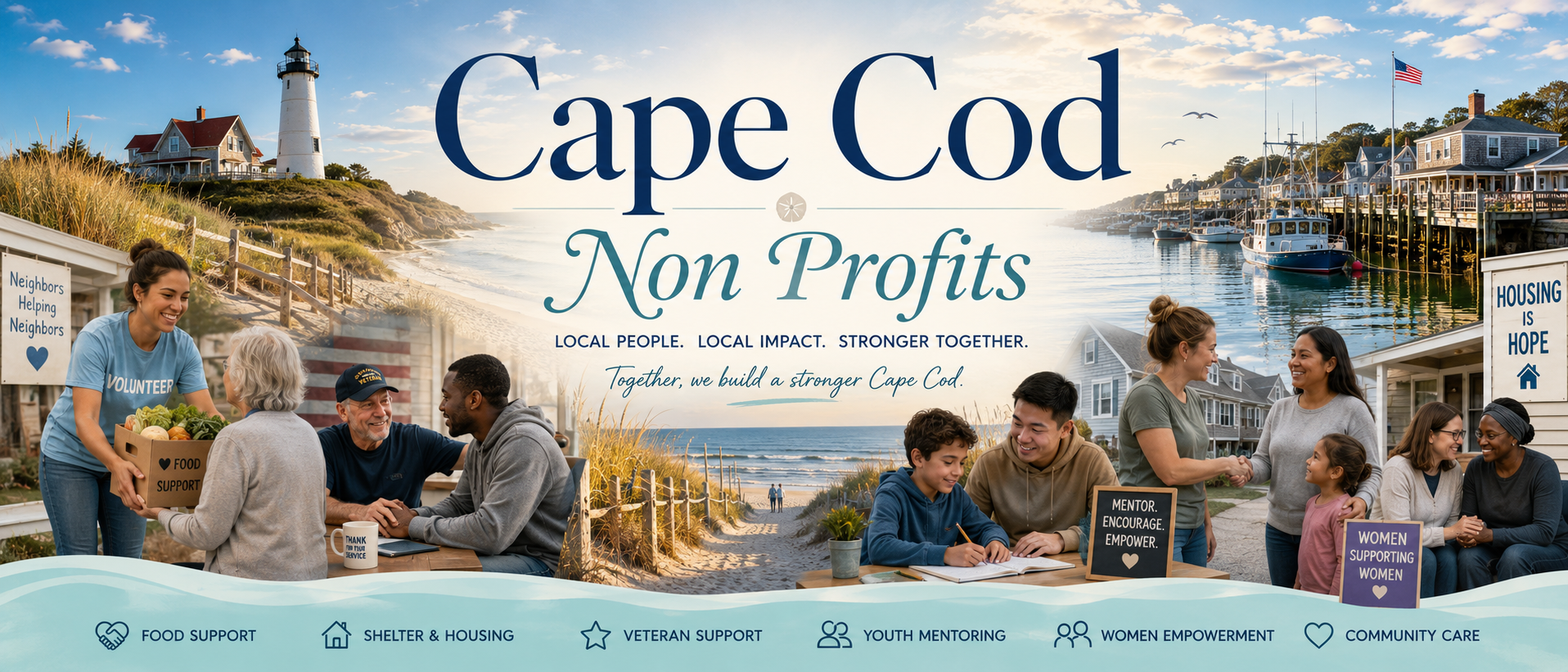 Cape Cod Non-Profits banner showing Cape Cod scenery and caring people helping with food, housing, veterans, youth, women, and community support